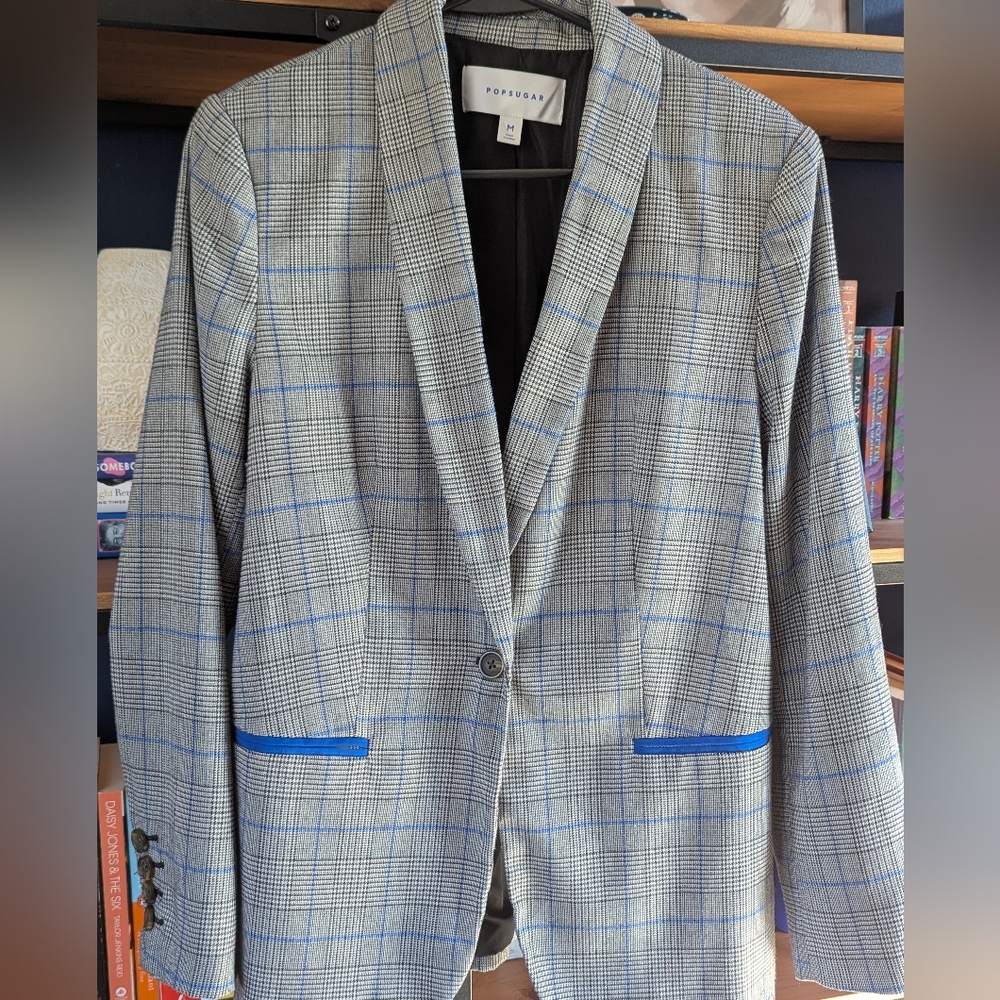 Gray and Blue Checkered Blazer with Notched Lapel